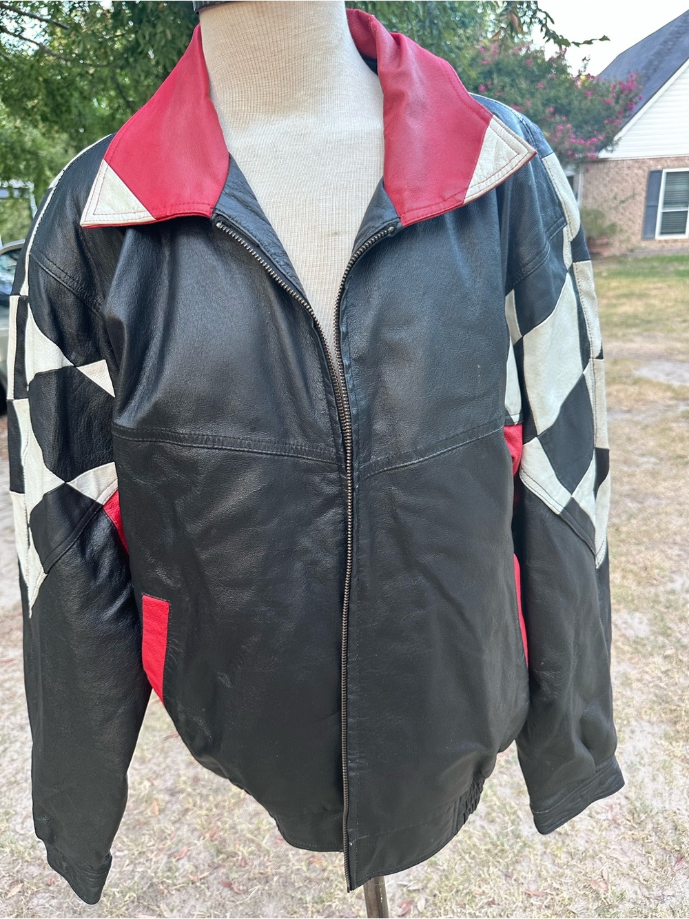Vintage Burk’s Bay Checkered Racing Leather Jacket – Size Large